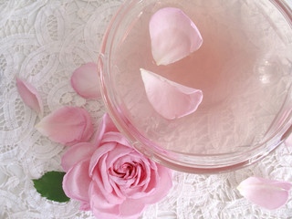 Kristallschale mit Rosenwasser gefüllt, daneben eine englische Rose und Rosenblätter, alles auf nostalgischem Deckchen.