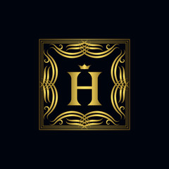 Monogram design elements, graceful template. Calligraphic elegant line art logo design. Gold emblem, H. Business sign for Royalty, Boutique, Cafe, Hotel, Heraldic, Jewelry, Wine. Vector illustration