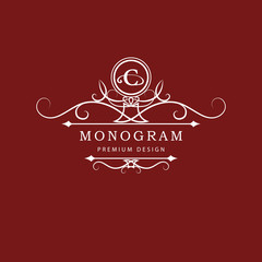 Monogram design elements, graceful template. Calligraphic elegant line art logo design. Letter emblem C. Business sign for Royalty, Boutique, Cafe, Hotel, Heraldic, Jewelry, Wine. Vector illustration