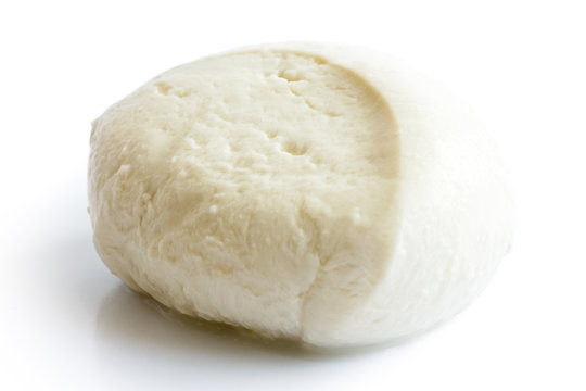 Single ball of mozzarella cheese isolated on white.