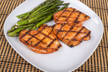 Grilled Chicken and Asparagus Served on a White Plate