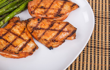 Grilled Chicken and Asparagus Served on a White Plate