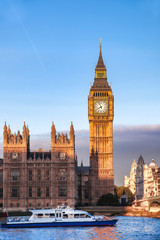 Big Ben with boat in London, England, UK