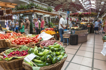 Fresh exotic fruits in Mercado Dos Lavradores. Funchal, Madeira,