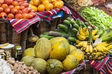 Fresh exotic fruits in Mercado Dos Lavradores. Funchal, Madeira,