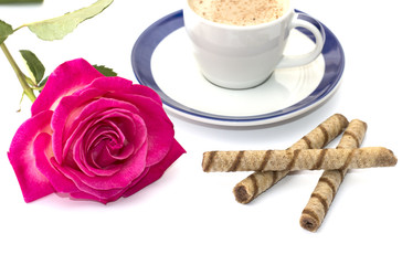 mug of a cappuccino and flower of a rose close up