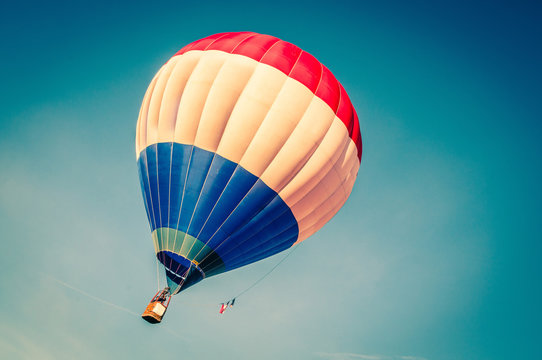 Close up of hot air balloon flying in the sky
