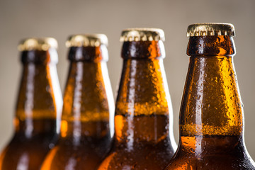 Freshly brewed beer bottles in a row over the grey concrete wall