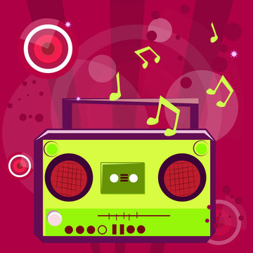 Pop music background with musical note and retro casette player.