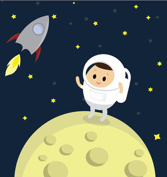 Vector of Astronaut standing on the moon with rocket