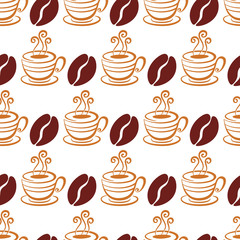 Vector seamless pattern with coffee beans and cup, isolated on w