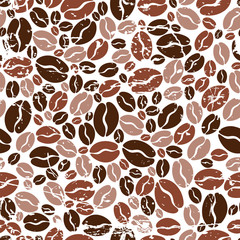 Coffee beans seamless pattern. Grunge texture food background