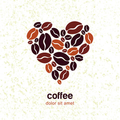 Coffee beans in heart shape on grunge texture background. Vector