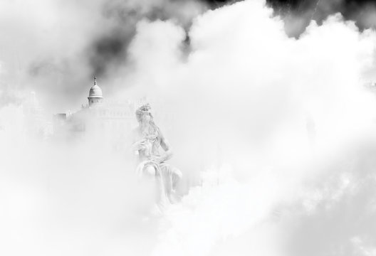 Smoke over the city at the Fallas festival, Valencia, Spain