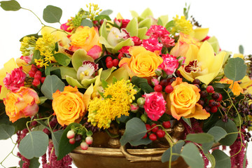 beautiful bouquet of red, yellow, white flowers close-up