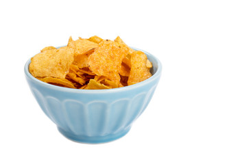 Blue Bowl Filled with Barbecue Flavored Potato Chips Isolated on White