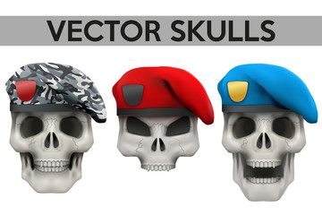 Set of Vector Human skulls with military berets on head