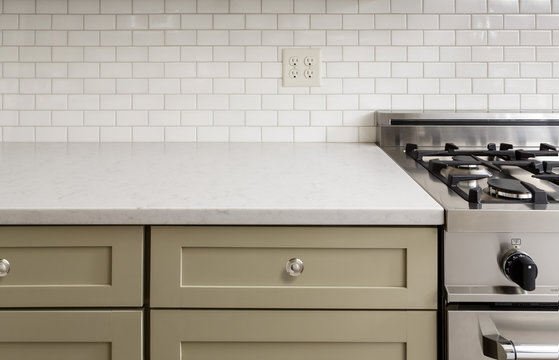 Kitchen Counter With Subway Tile, Stainless Steel Oven Stove, Sh