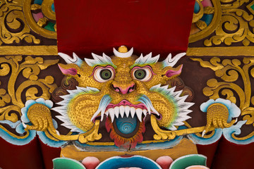 Mythological image of a lion in Buddhist monastery.  India