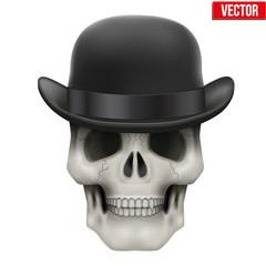 Human skull with black bowler hat