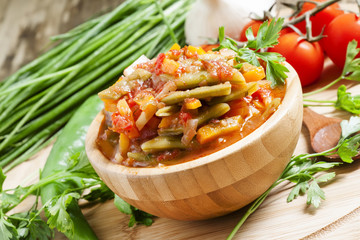 Traditional Caucasian Georgian lobio of green beans with vegetab