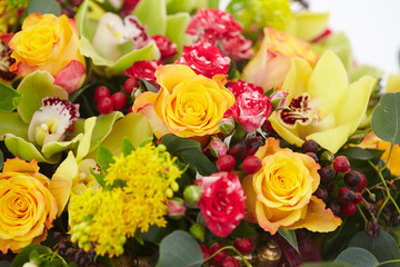 beautiful bouquet of red, yellow, white flowers close-up