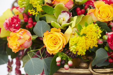 beautiful bouquet of red, yellow, white flowers close-up