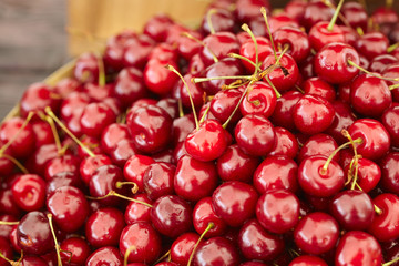 dish with fresh cherries closeup