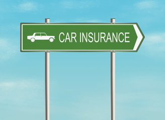 Road sign with the issue of insurance on the sky background.