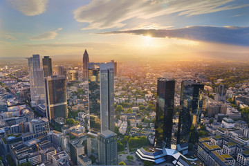 Frankfurt am Main. Aerial view of Frankfurt am Main skyline during golden hour.