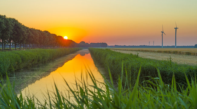 Canal through a sunny landscape in summer at dawn