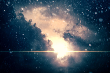 Fototapeta na wymiar Dramatic Cloudy Sky Background - Dramatic cloudy sky background with sun, rain and snow - computer generated image