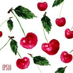 Vector watercolor seamless bright cherry pattern with leaves. EPS10