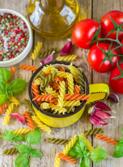 Colored pasta from wheat, spinach and tomatoes