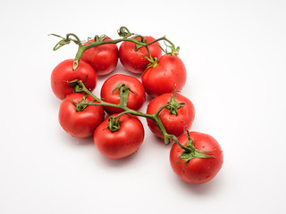 Closeup of fresh tomatoes on the vine isolated on white