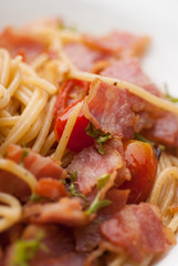 Spaghetti with dried chilli ,bacon and garlic.