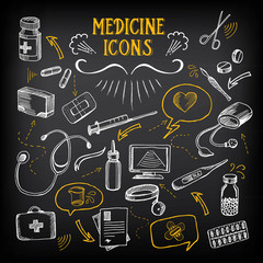 Medical icons, sketch design. Healthcare drawing chalkboard.