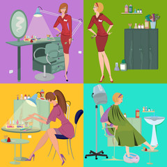Beauty salon spa employees flat people and furniture