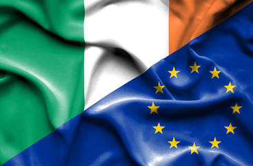 Waving flag of European Union and Ireland