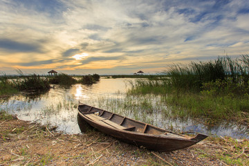 Fishing boat in lotus lake at khao sam roi yot national park, thailand