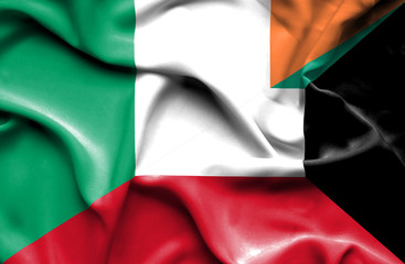 Obraz premium Waving flag of Kuwait and Ireland