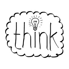doodles of the word think with bulb