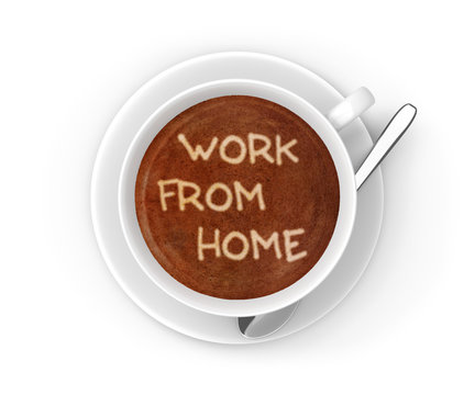 Small business work from home message in a coffee cup
