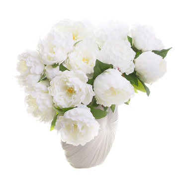 Fototapeta Isolated on white background beautiful bouquet of artificial peonies