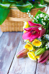 Flowers on the table and flowers basket