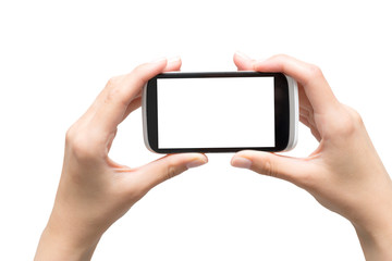 Hands holding smart phones isolated