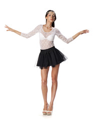 Portrait of a beautiful slim model in black skirt and white blou