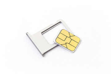 nano sim card with tray for cellphone on white background
