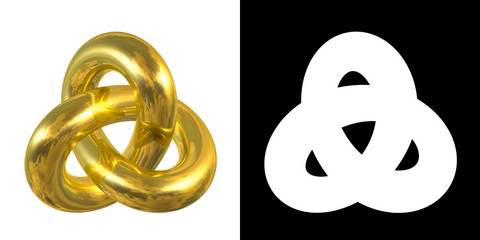 Golden Gordian Knot Sign, Reflection of Sky - gold/metal symbol isolated on white background + alpha mask.