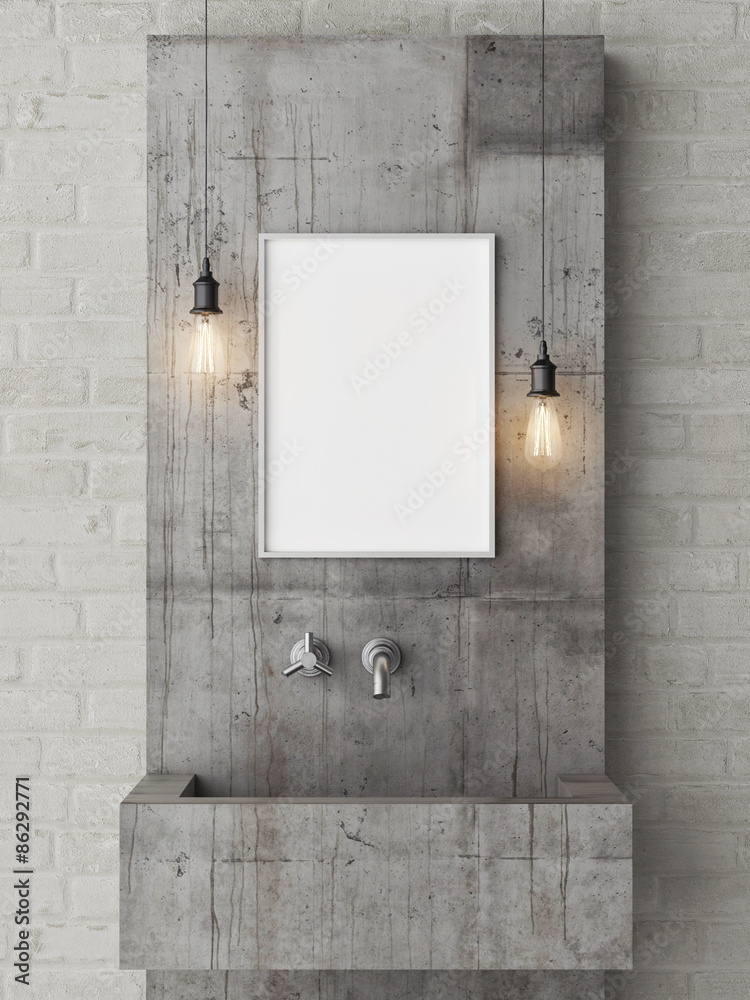 Wall mural poster mock up, loft bathroom, 3d render